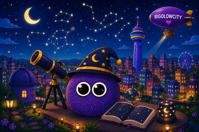A whimsical digital illustration of a fuzzy purple ball character wearing a wizard hat with moons and stars, sitting on a stone platform with a telescope, spellbook, and crystal ball, set against a starry night sky over a cityscape with a blimp labeled 'BIGOLOWCITY'.