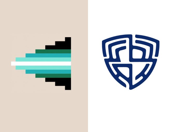 A split-screen image featuring a stepped, pixelated geometric design in shades of teal, black, and white on the left, and a dark blue maze-like shield emblem on the right.