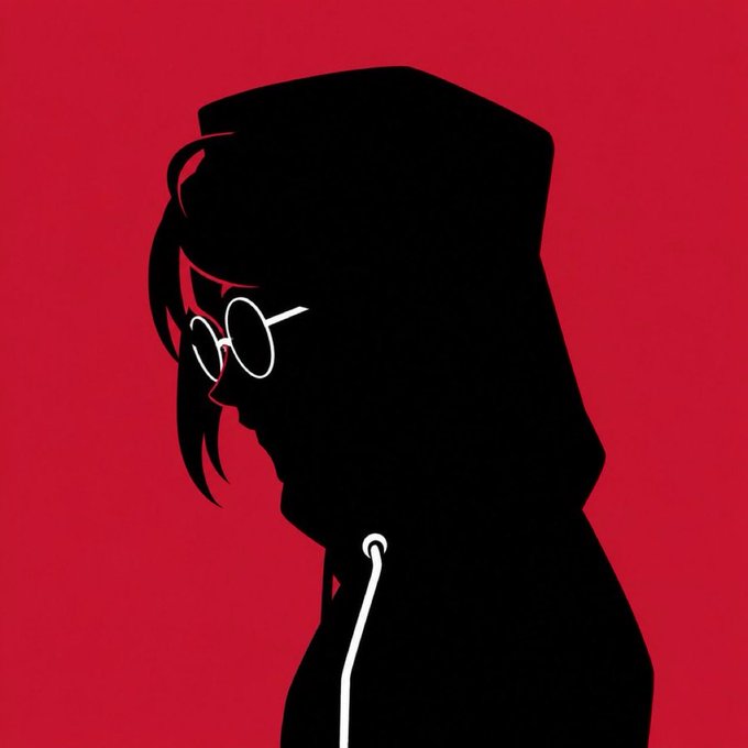 A stylized silhouette illustration of a person with glasses wearing a hooded jacket against a solid red background.