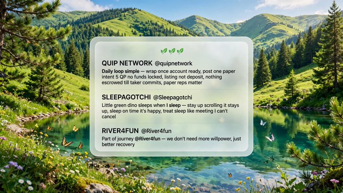 A scenic landscape image of a green mountain valley with a lake, overlaid with a translucent card showing three social media posts from QUIP NETWORK, SLEEPAGOTCHI, and RIVER4FUN.