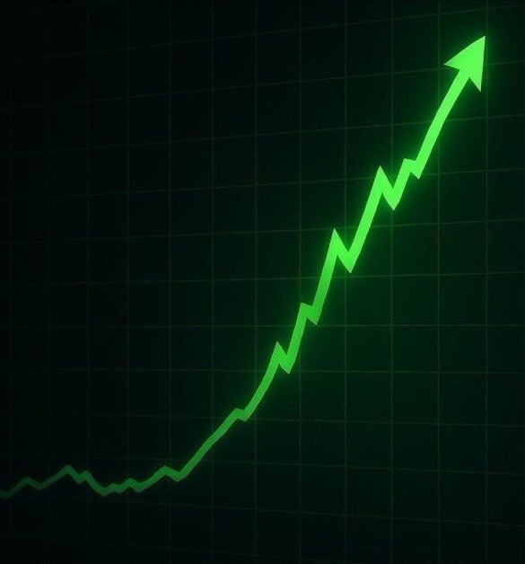A glowing green line graph showing a sharp upward trend with an arrow pointing diagonally up and to the right against a dark grid background.