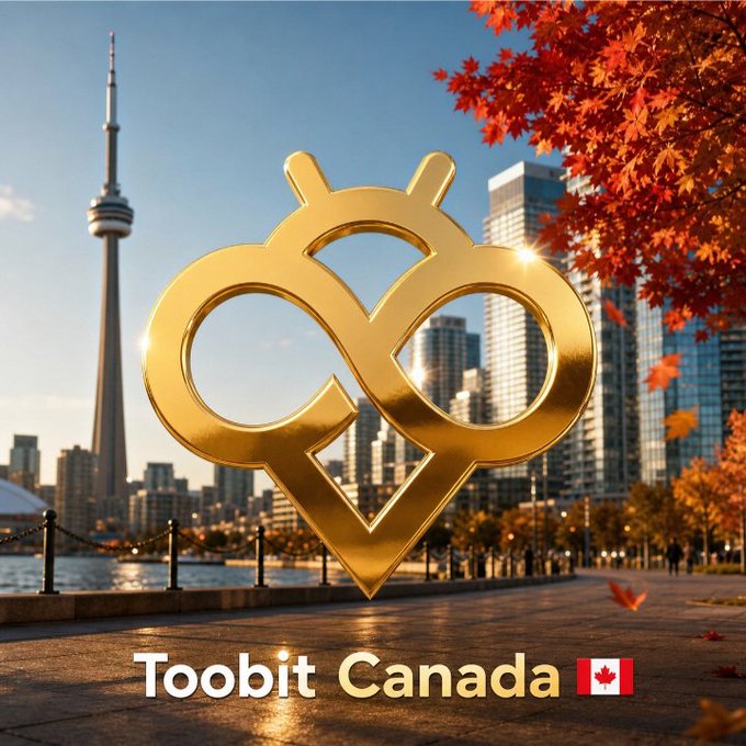 A promotional graphic featuring a golden logo with an infinity symbol overlaid on a Toronto skyline (CN Tower) with autumn leaves, labeled 'Toobit Canada' with a Canadian flag.