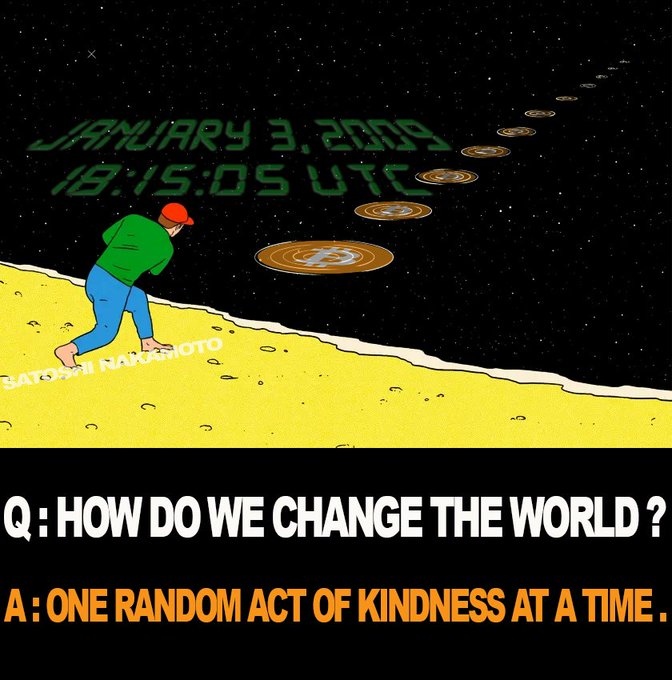 An illustration by Satoshi Nakamoto showing a man planting Bitcoin logos across a moon landscape, timestamped 'JANUARY 3, 2009,' with the quote 'Q: HOW DO WE CHANGE THE WORLD? A: ONE RANDOM ACT OF KINDNESS AT A TIME.'