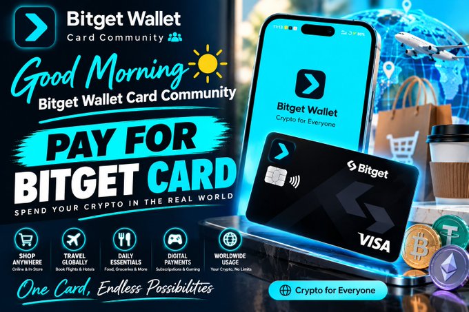 A promotional graphic for 'Bitget Wallet' advertising a Visa card to 'PAY FOR BITGET CARD' and 'SPEND YOUR CRYPTO IN THE REAL WORLD', featuring icons for shopping, travel, dining, gaming, and worldwide usage.