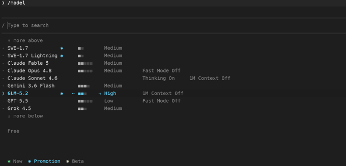 A terminal-style interface showing an AI model selection menu with options including SME-1.7, Claude Fable 3, Claude Opus 4.8, Claude Sonnet 4.6, Gemini 3.6 Flash, GLM-5.2, GPT-5.5, and Grok 4.5, with GLM-5.2 currently highlighted.
