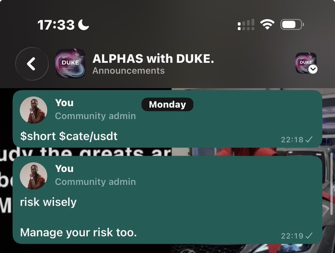 A Telegram community announcement shows the admin instructing members to short $CATE/USDT on Monday at 22:18, with a follow-up reminder at 22:19 to "Manage your risk too." The messages confirm the time of the short signal that aligns with the post claiming the trade was given before CATE began its decline.