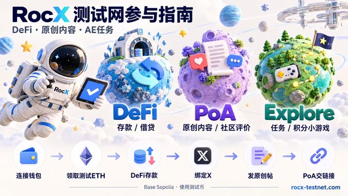 A promotional graphic in Chinese for 'RocX 测试网参与指南' (RocX Testnet Participation Guide) on Base Sepolia, featuring sections for DeFi, PoA, and Explore with illustrations of planets and an astronaut.