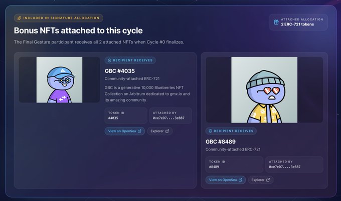 A computer screen displays a page with two images of cartoon characters, "Blue Bear" and "Green Hat", accompanied by text about bonus NFTs attached to this cycle.