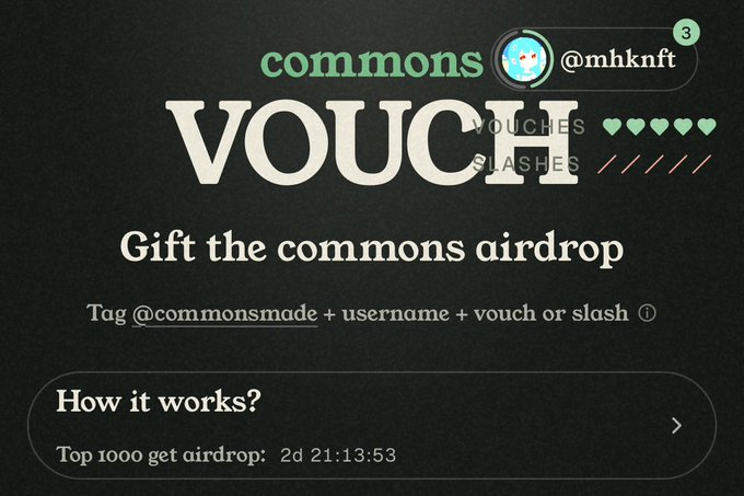 The image is a digital "Vouch" graphic from commons (@mhknft), showing 5 hearts and 5 slashes used as a vouching interface. It explains users can "Gift the commons airdrop" by tagging @commonsmade with a username plus vouch or slash, noting "Top 1000 get airdrop" with a countdown of 2 days, 21:13:53 remaining. The graphic visually represents the vouching action being performed for @rifatNFTs on @commonsmade.