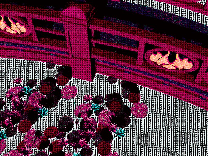 A stylized, halftone-filtered image showing pink flowers against a patterned background, with what appears to be a train or architectural structure featuring flame motifs at the top.