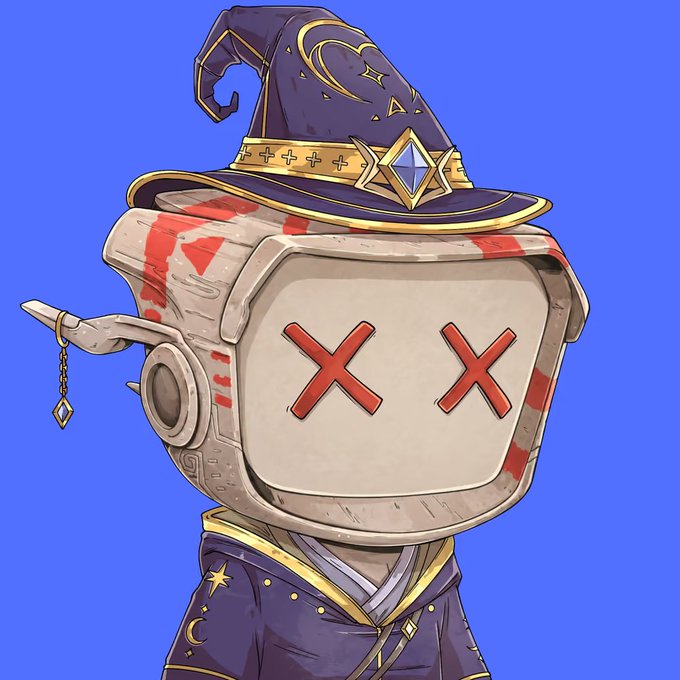 A cartoon-style wizard NFT character with a TV-shaped head displaying red "XX" eyes, wearing a purple star-adorned robe and a tall crescent-moon wizard hat, is shown against a blue background. The image visually represents the "Wizard" NFT referenced in the post, which the user excitedly announces acquiring at a low floor price to vault.