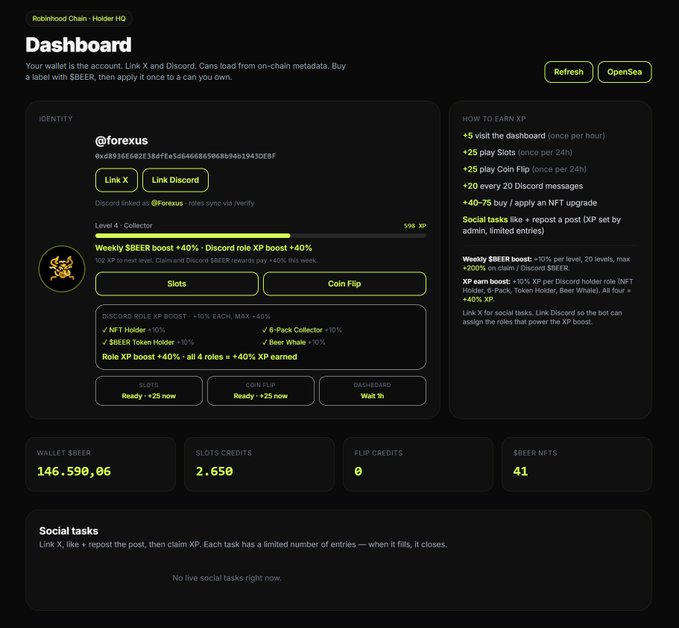 A dark-themed dashboard for 'Robinhood Chain - Holder HQ' displays user @forexus, showing wallet balance, XP level, slots credits, and $BEER NFTs.