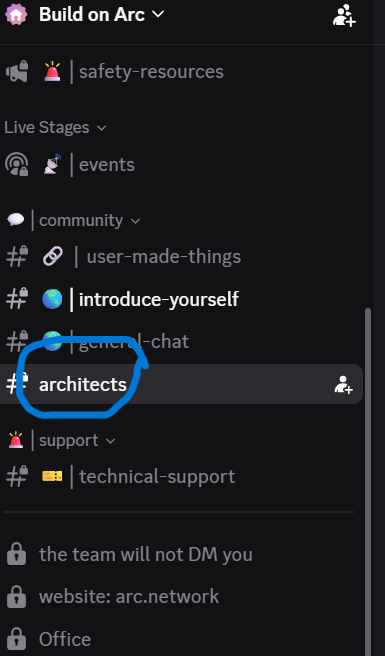 A screenshot of the "Build on Arc" Discord server showing a new "architects" channel circled in blue under the general-chat section, highlighting the rollout of the new Architect role and dedicated channel mentioned in the update.