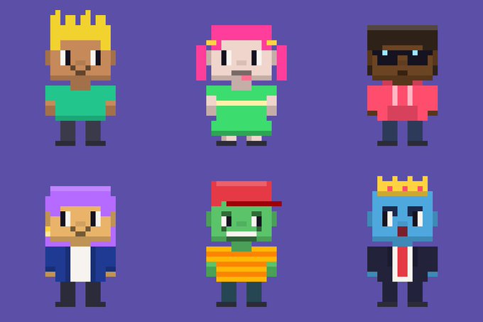 A pixel art promotional image featuring six colorful, blocky characters with crowns, funky hats, and varied outfits set against a purple background, accompanying a tweet announcing the "Zonks" NFT collection minting tomorrow on OpenSea with 1,000 supply, offering free minting and tiered pricing for whitelist and public sales.