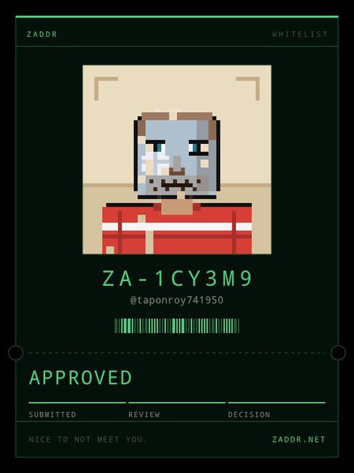 A digital approval card from "ZADDR" featuring a pixel art character with the code "ZA-1CY3M9" and username "@taponroy741950" marked as "APPROVED".