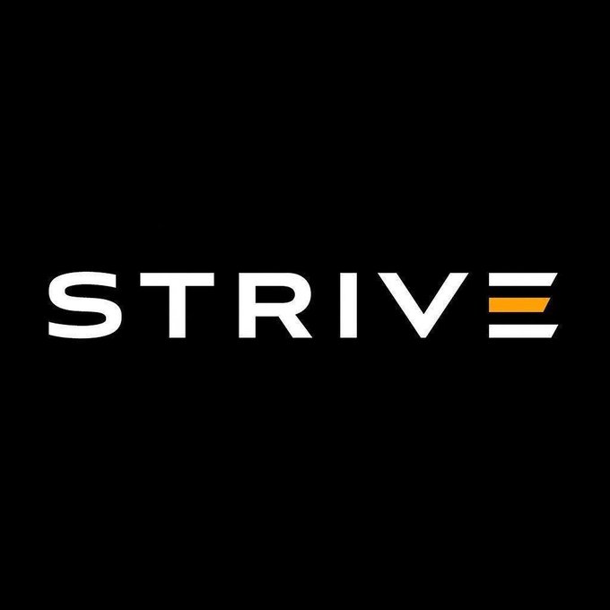 The image displays the word "STRIVE" in white capital letters on a black background, with the stylized "E" featuring an orange horizontal bar, representing the logo of Strive, the asset management firm that recently purchased 1,355 BTC.