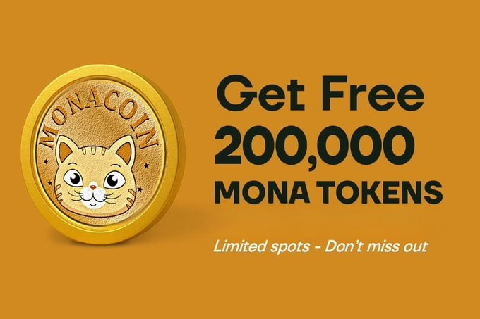 A promotional graphic offering a "Get Free 200,000 MONA TOKENS" airdrop, featuring a gold coin illustrated with a cat character and "MONACOIN" text on a golden background, with the warning "Limited spots - Don't miss out"—directly illustrating the post's call to action to participate in the #SolanaAirdrop giveaway.
