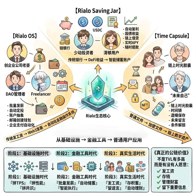 The main subject of a post that includes a flow chart related to cryptocurrency, specifically Rialo Jar, which can be seen in Chinese as well. It also features an animated depiction of people interacting with the jar, highlighting different roles such as a saver or a buyer within a community. This suggests that the post might be promoting or discussing the concept and potential benefits of using Rialo Jar for various purposes, including managing finances and investments through its cryptocurrency offerings.