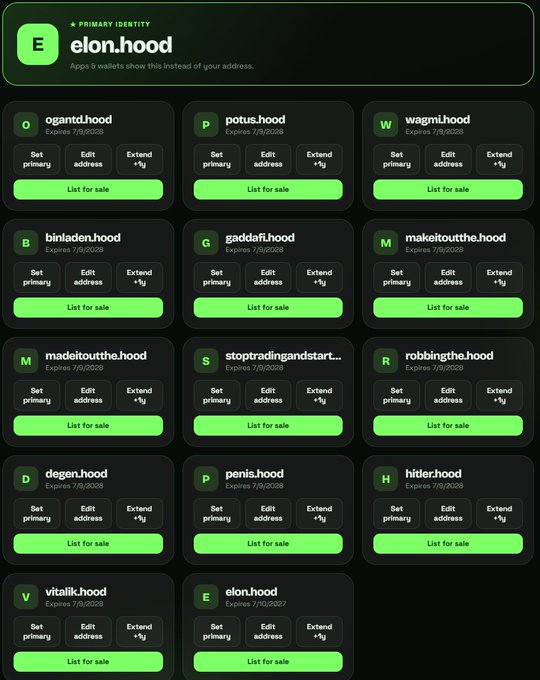 This image displays a collection of '.hood' domain names, including "elon.hood," with options to set them as primary, edit, extend, or list for sale. The accompanying post "please be the next ens" relates to this by alluding to the desire for a ".hood" domain to gain prominence similar to the ENS (Ethereum Name Service) domains.