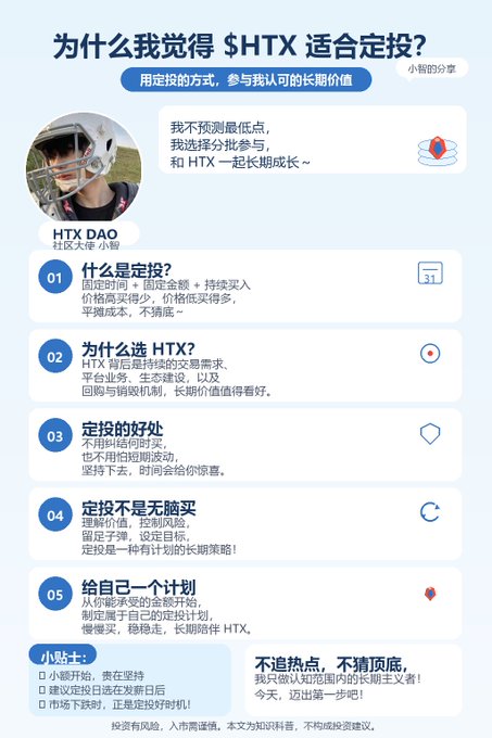 A Chinese-language promotional infographic titled '为什么我觉得 $HTX 适合定投?' (Why do I think $HTX is suitable for fixed investment?) outlining five points from HTX DAO about long-term investment strategies.