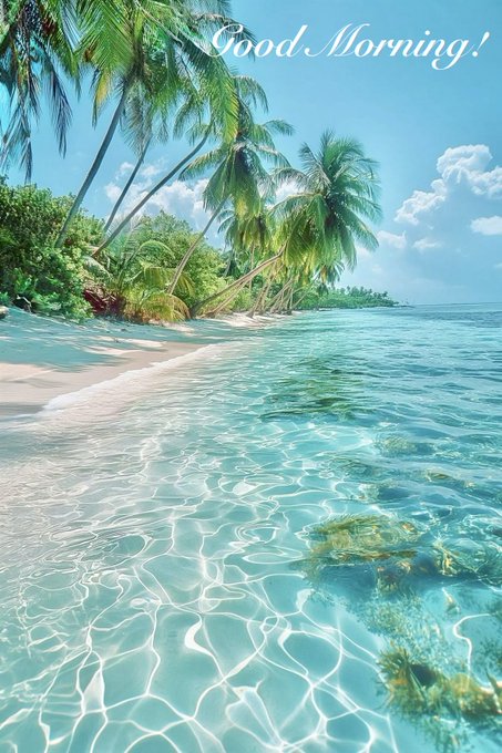 A serene tropical beach with crystal-clear turquoise water, swaying palm trees, and a bright blue sky, overlaid with "Good Morning!" text.

This paradise scene perfectly matches the post's cheerful "Chào buổi sáng đầu tuần" (Monday morning greeting), evoking the fresh, refreshing energy of a new week starting with optimism—while the $BTC mention adds a hopeful note for a profitable week ahead.