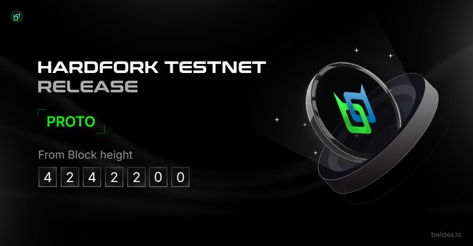 A graphic announcement for 'HARDFORK TESTNET RELEASE' showing 'PROTO' from Block height '4242200' with the beldex.io logo.