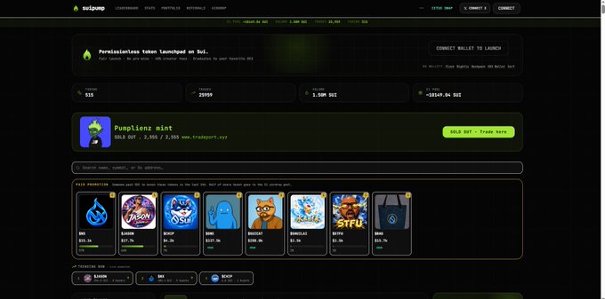 A screenshot of the seipop marketplace website shows an offer for 'Pumpkiez mint' at 515 SLD for 1,000 SLD via trade, alongside a row of other NFT items including DAI, Neon, BOOP, and others with their respective prices.