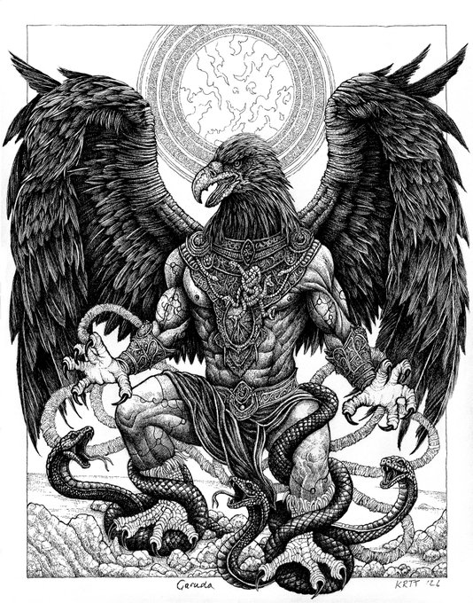 A detailed black and white illustration depicts a mythological figure with an eagle's head, large wings, and multiple snakes, with the signature 'Garuda' and 'KRTT '22'.