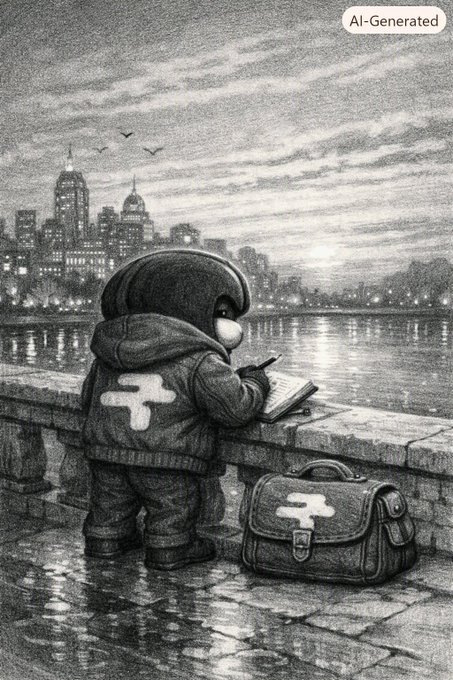 A black-and-white AI-generated illustration showing a small figure in a hooded jacket sketching by a riverside railing overlooking a city skyline at dusk, with a matching satchel resting nearby.