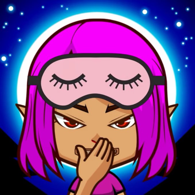 A digital illustration of a character with bright pink hair, a sleep mask, and pointed ears, holding a finger to their lips against a starry night background.