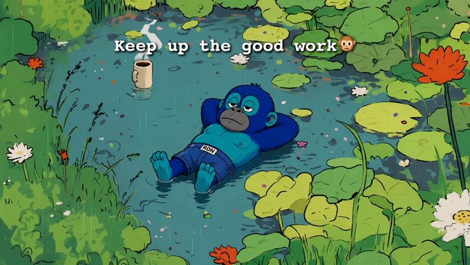 An illustration of a blue gorilla relaxing in a pond with the text 'Keep up the good work' and a coffee mug.