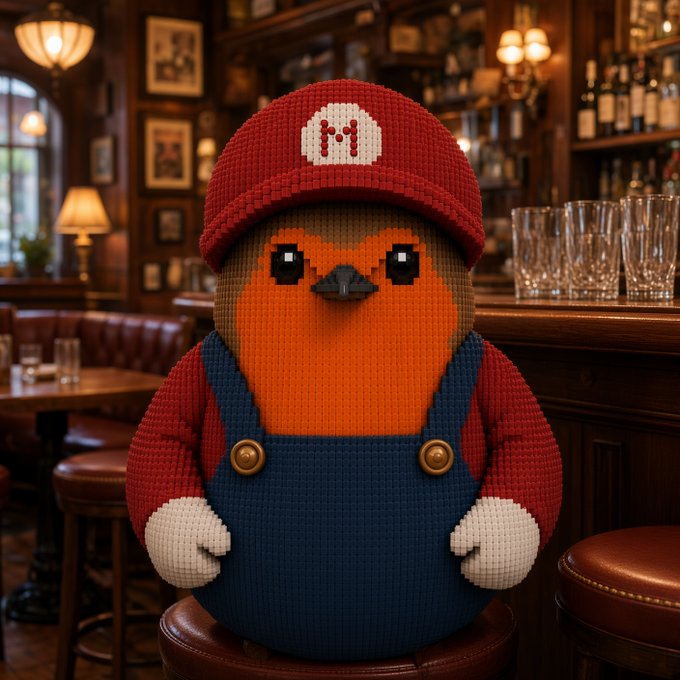 A charming knit-style NFT character wearing a red cap with a frowning emoji logo and blue overalls sits on a barstool in a cozy pub setting. The character appears to be the Robert NFT mascot, representing the bull market hangout spot with its "ROBERT" branding.