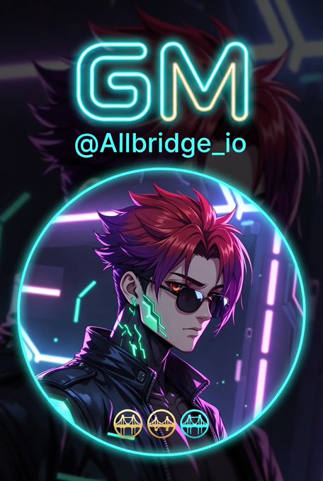 A 'GM' greeting graphic for '@Allbridge_io' featuring an anime-style character with red spiky hair, sunglasses, and a leather jacket with glowing green circuit details, set against a cyberpunk neon background with three small logos at the bottom.