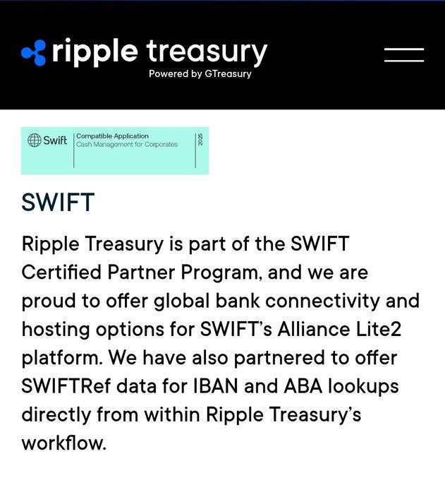 A screenshot of the 'ripple treasury' website showing a 'SWIFT Compatible Application - Cash Management for Corporates 2025' badge, with text explaining that Ripple Treasury is part of the SWIFT Certified Partner Program, offering global bank connectivity and SWIFTRef data for IBAN and ABA lookups.
