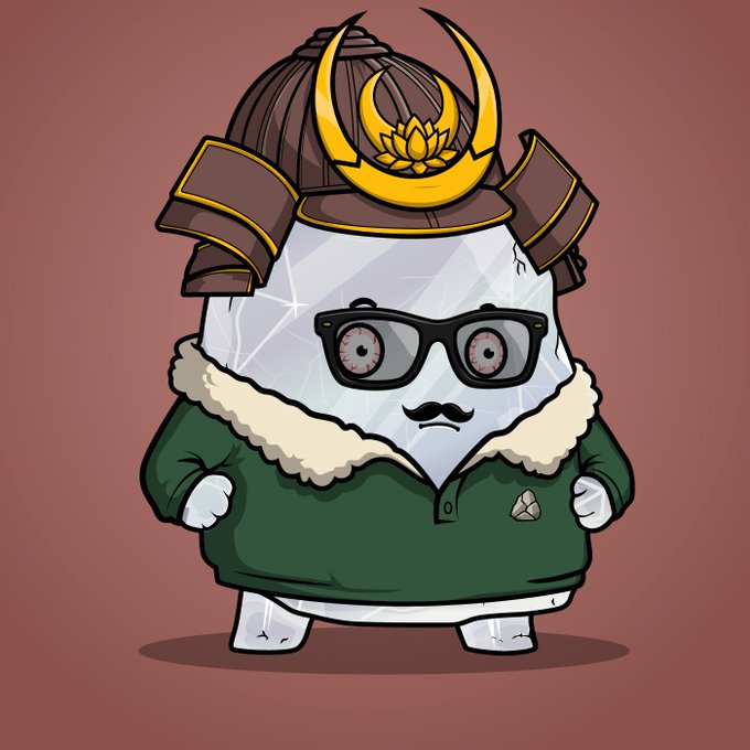 A cartoon illustration of a diamond-shaped character wearing a samurai helmet, glasses, a mustache, and a green jacket with a fur collar.