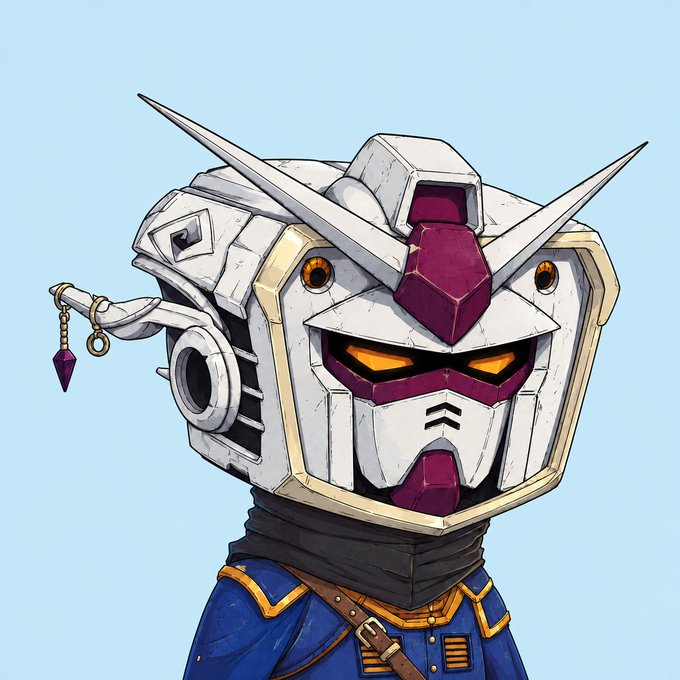 A stylized illustration depicts a chibi-style mecha pilot wearing a white and purple Gundam-inspired helmet with V-fin antennas, glowing orange visor, and a small charm dangling from the side. The character wears a blue military-style uniform with gold trim and a leather strap, fitting the NFT/anime aesthetic of the "OriginalBlokyz" collection being teased in the post.