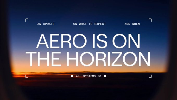 A retro-styled announcement reading 'AERO IS ON THE HORIZON' with the text 'AN UPDATE ON WHAT TO EXPECT AND WHEN' and 'ALL SYSTEMS GO' over a sunset viewed through an airplane window frame.