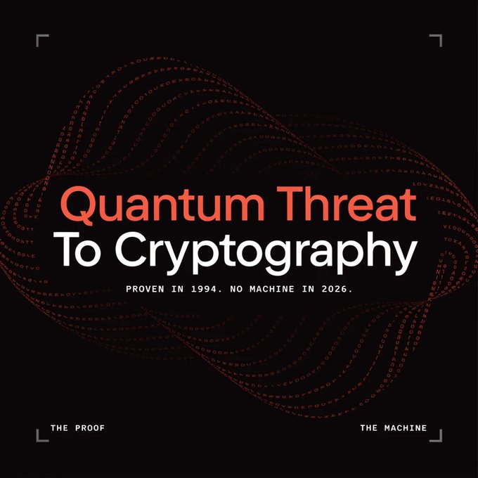 A graphic with the text 'Quantum Threat To Cryptography' and 'PROVEN IN 1994. NO MACHINE IN 2026.' overlaid on a swirling pattern of code, referencing Shor's algorithm.