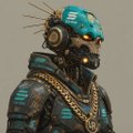 A digital illustration of a cybernetic character wearing a spiked helmet with blue glowing eyes, gold chains, and a hooded jacket in teal and black.