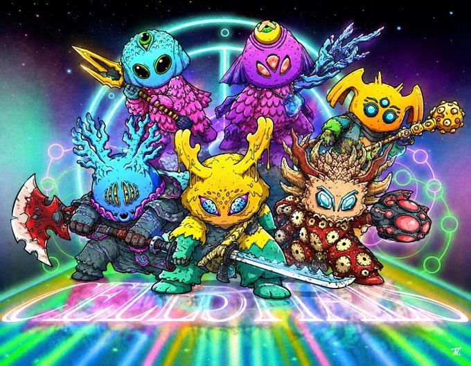 A vibrant, psychedelic illustration featuring a group of six colorful alien warriors wielding weapons, standing on a glowing platform with 'MOONJAR' text below them against a cosmic backdrop.