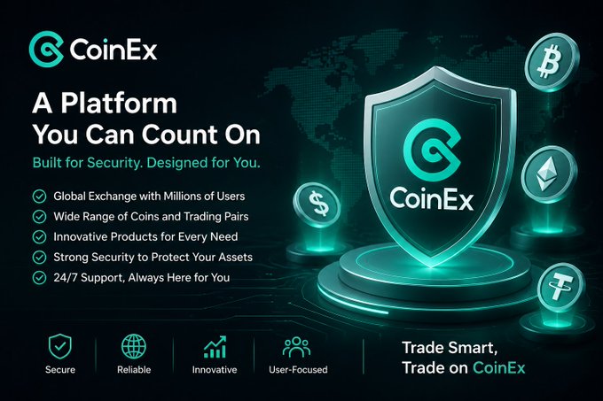 The image is a CoinEx promotional banner with the tagline "A Platform You Can Count On — Built for Security. Designed for You," featuring a glowing shield logo, cryptocurrency icons (Bitcoin, Ethereum, and others), and key selling points like global reach, trading variety, strong security, and 24/7 support.

The banner ties into the post by presenting CoinEx as a stable, trustworthy alternative after the BitMart shutdown news, emphasizing reliability ("Still Be There Tomorrow") and security through its shield imagery and "Strong Security to Protect Your Assets" feature.