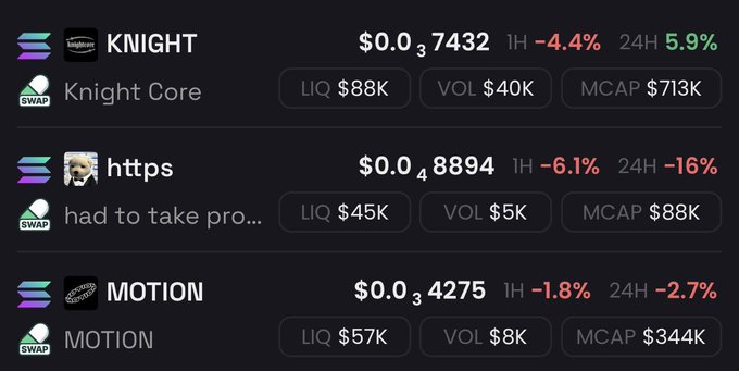 A cryptocurrency trading interface displaying tokens for KNIGHT ($0.037432), https ($0.048894), and MOTION ($0.034275) with their respective liquidity, volume, and market cap metrics.