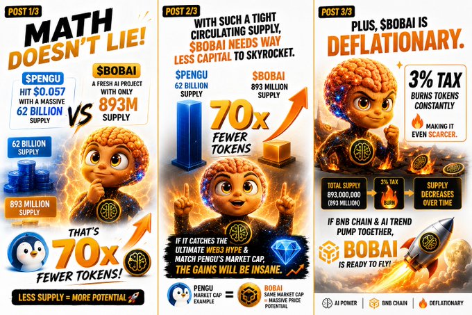 A three-part promotional post series for a cryptocurrency token called '$BOBAI', contrasting its 893 million supply to Pengu's 62 billion to emphasize it has '70x FEWER TOKENS' and is 'DEFLATIONARY' with a '3% TAX'.