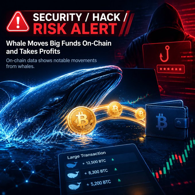 A 'SECURITY / HACK RISK ALERT' graphic with the text 'Whale Moves Big Funds On-Chain and Takes Profits', featuring a whale illustration, Bitcoin coins, a wallet, a hooded hacker figure, and large transaction amounts like '+12,500 BTC'.