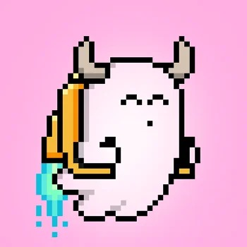 A pixel-art character resembling a ghost with horns holds a dripping object against a solid pink background.