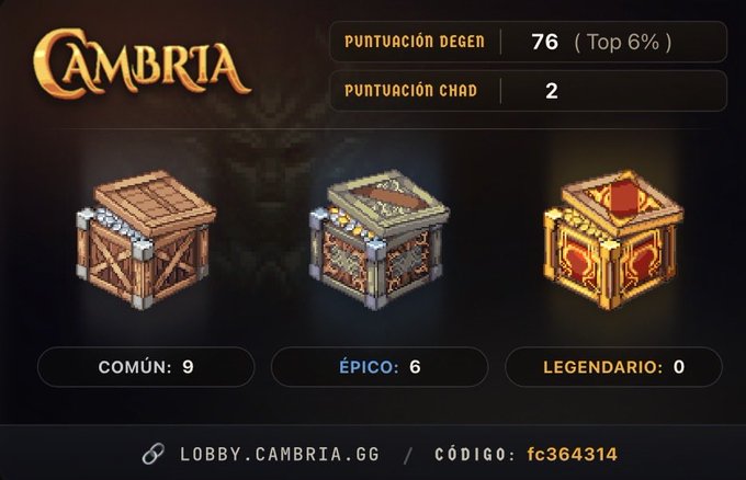 A gaming interface for 'CAMBRIA' displays a score of 76 (Top 6%) and a lobby code 'fc364314', alongside chest rewards categorized as Common (9), Epic (6), and Legendary (0).