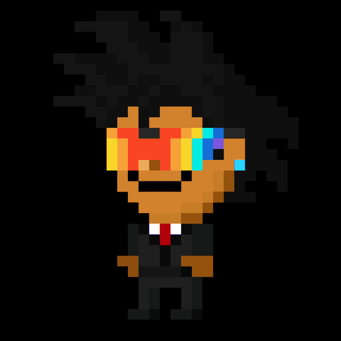 A pixel art character with orange skin, black hair, wearing a black suit with a red tie, standing against a black background.