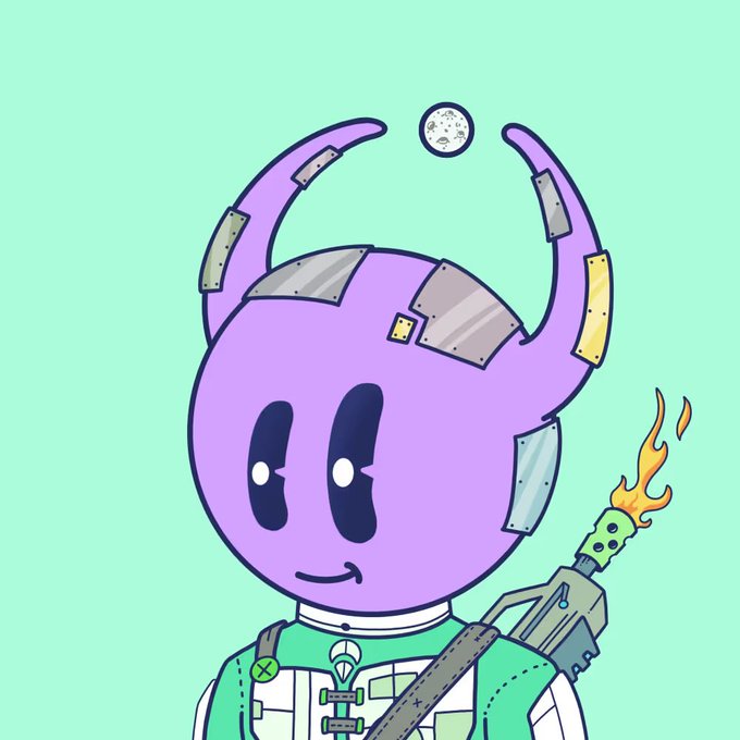 A cartoon illustration of a purple horned character with a skull-tipped torch against a mint green background.