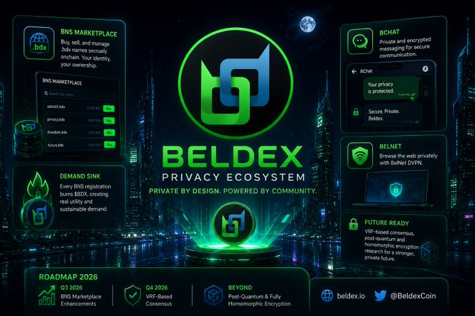 An infographic for 'Beldex Privacy Ecosystem' showcasing its marketplace, BChat, BelNet, and Demand Sink features, along with a 2026 roadmap.