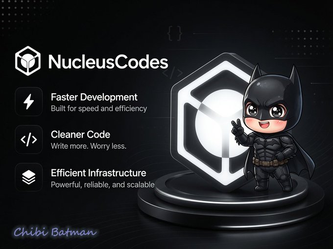 A promotional graphic for 'NucleusCodes' highlights features 'Faster Development,' 'Cleaner Code,' and 'Efficient Infrastructure,' accompanied by a chibi Batman character.